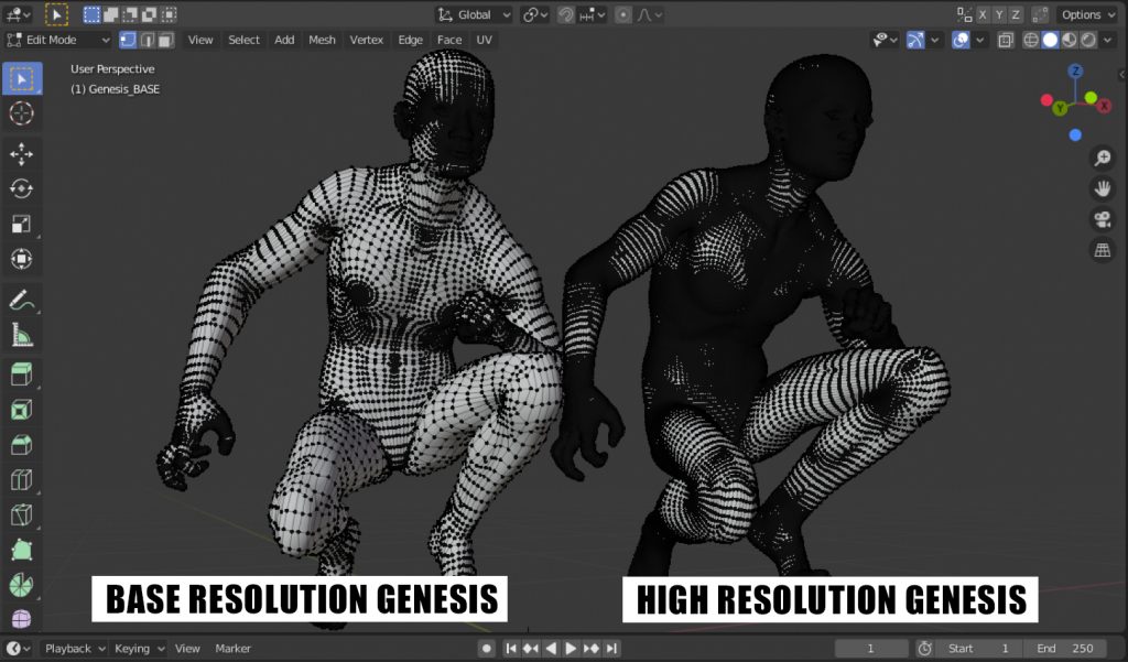 Genesis mesh density at Base and High resolution.