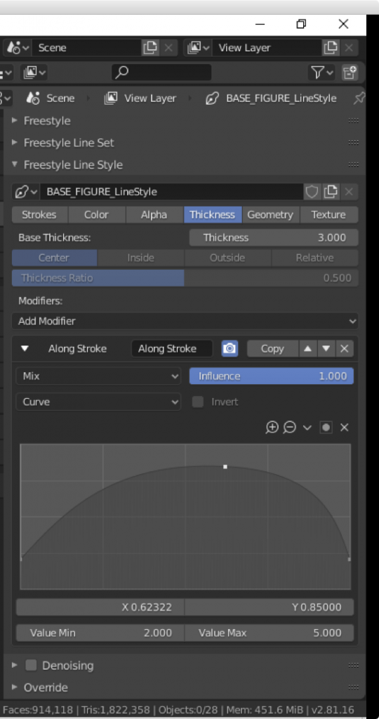 The 'Along Stroke' modifier in the Thickness tab for Freestyle