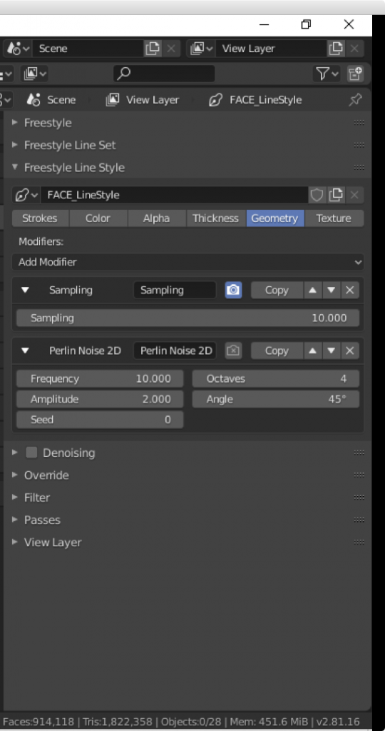 The 'Perlin Noise 2D' modifier in the Geometry tab for Freestyle